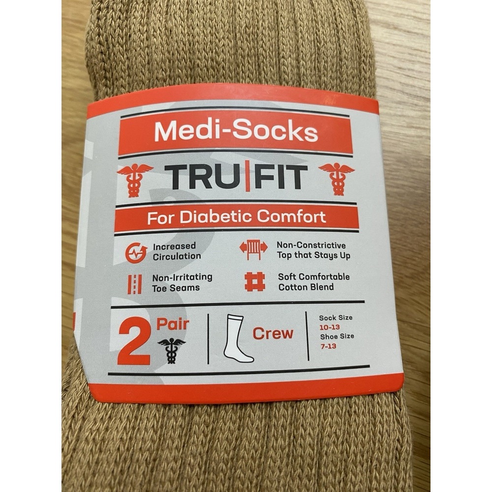 2 Packs Medi Socks Tan Diabetic Crew Socks Size Mens Sock 10-13 New Cotton Blend - Picture 2 of 3